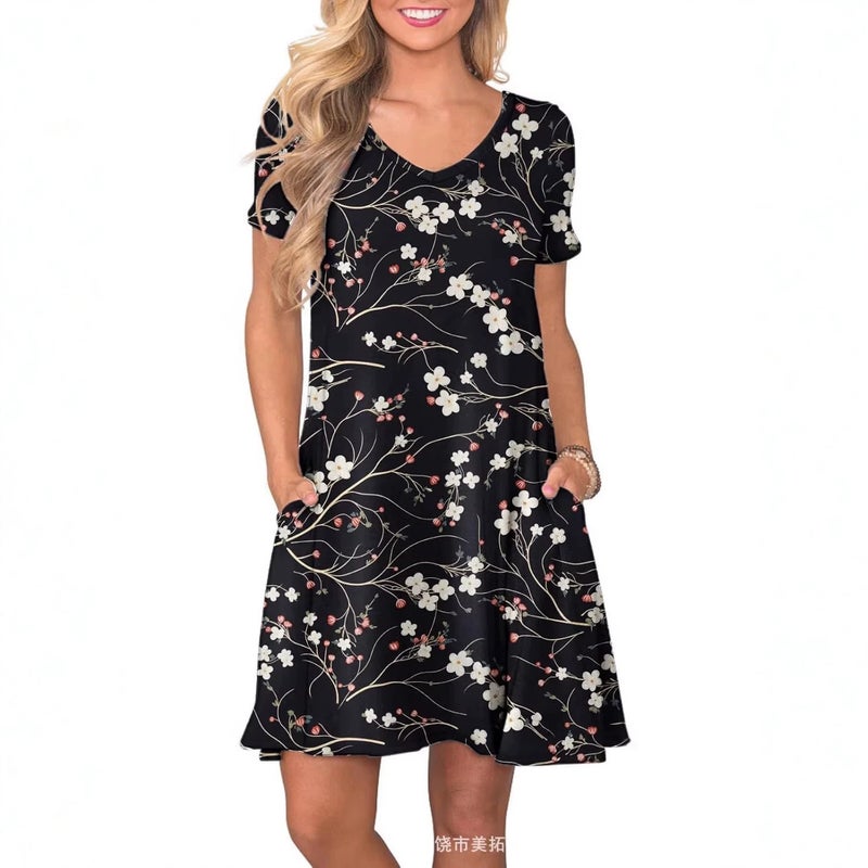Women's Casual Printed Short Sleeve V-Neck Dress - Image 2