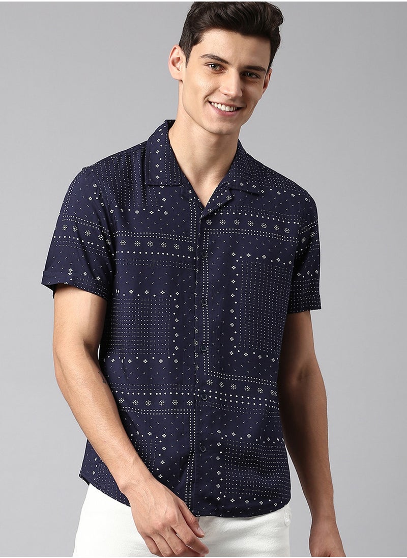 Dennis Lingo Slim Fit Navy Cotton Printed Shirt for Men - Cuban Collar, Half Sleeves, Casual  - Image 1
