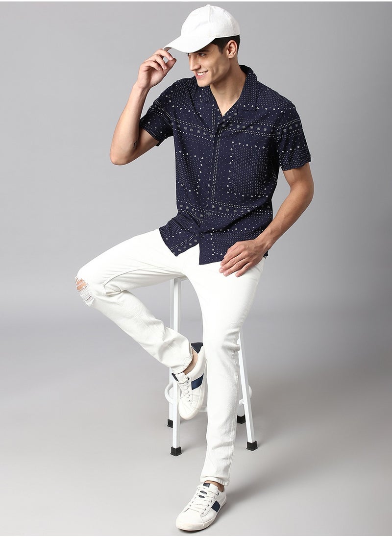 Dennis Lingo Slim Fit Navy Cotton Printed Shirt for Men - Cuban Collar, Half Sleeves, Casual  - Image 2