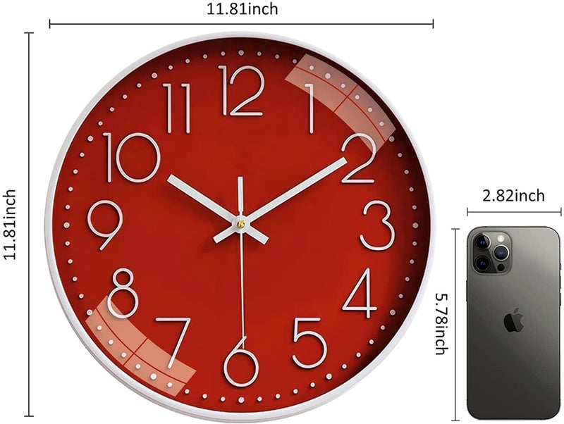 TEKCOOL ساعة حائط رقمية بلاستيكية 12" هادئة كوارتز زخرفية أحدث ساعة كلاسيكية تعمل بالبطارية دائرية سهلة القراءة للغرفة/المنزل/المطبخ/غرفة النوم/المكتب/المدرسة - (أحمر) - Image 4