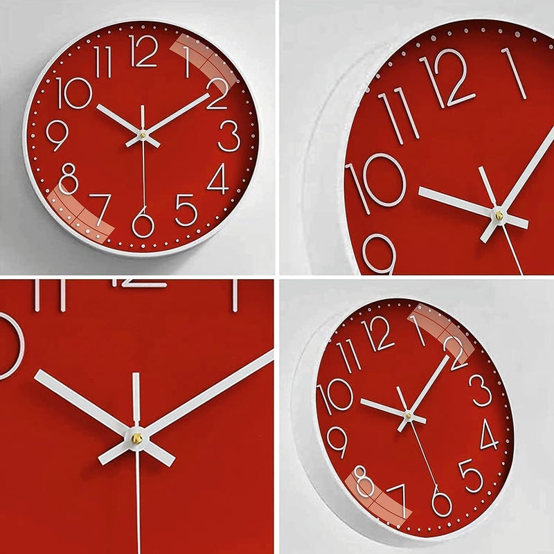 TEKCOOL ساعة حائط رقمية بلاستيكية 12" هادئة كوارتز زخرفية أحدث ساعة كلاسيكية تعمل بالبطارية دائرية سهلة القراءة للغرفة/المنزل/المطبخ/غرفة النوم/المكتب/المدرسة - (أحمر) - Image 3