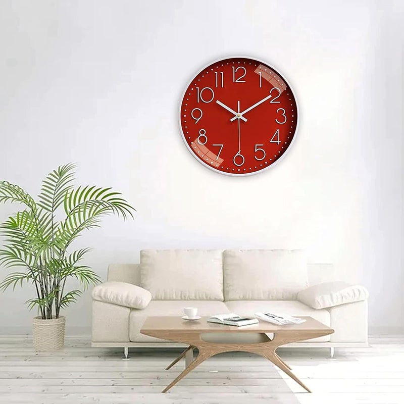 TEKCOOL ساعة حائط رقمية بلاستيكية 12" هادئة كوارتز زخرفية أحدث ساعة كلاسيكية تعمل بالبطارية دائرية سهلة القراءة للغرفة/المنزل/المطبخ/غرفة النوم/المكتب/المدرسة - (أحمر) - Image 2