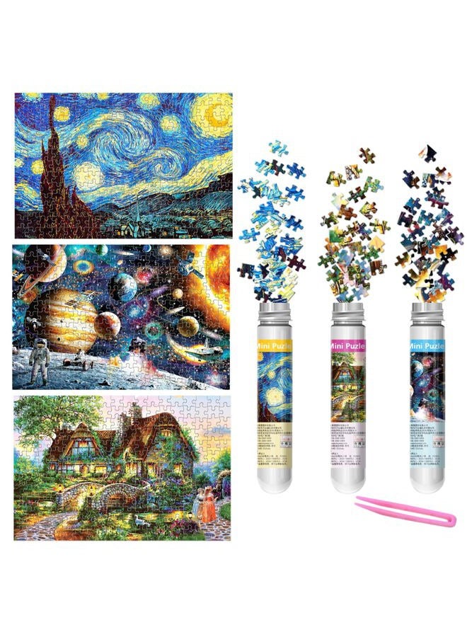 LOSFPVR 234 Pieces Mini Jigsaw Puzzles for Adults & Kids, 6" x 4" Small Jigsaw Puzzles Capsule Tube Jigsaw Puzzles Intelligent Game, Starry Night Space Astronaut Dusk Village 3 Pack - Image 1