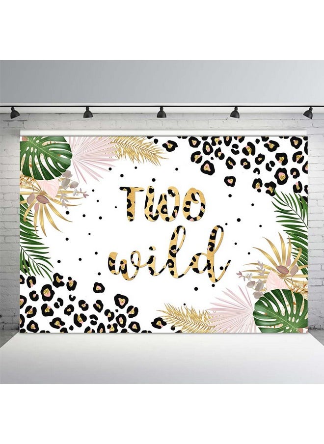 MEHOFOND Two Wild Backdrop For Girls Leopard Pink Jungle Safari Theme 2Nd Birthday Party Decoration Background Tropical Leaves Leopard Print Cake Table Banner Supplies 7X5Ft  - Image 2