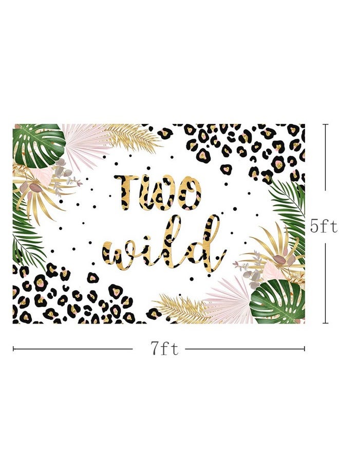 MEHOFOND Two Wild Backdrop For Girls Leopard Pink Jungle Safari Theme 2Nd Birthday Party Decoration Background Tropical Leaves Leopard Print Cake Table Banner Supplies 7X5Ft  - Image 4
