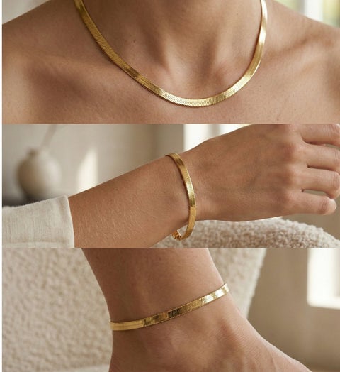 3‑Piece Gold Snake Chain Set (Necklace + Bracelet + Anklet) – 316L Stainless Steel, Flat Herringbone Style