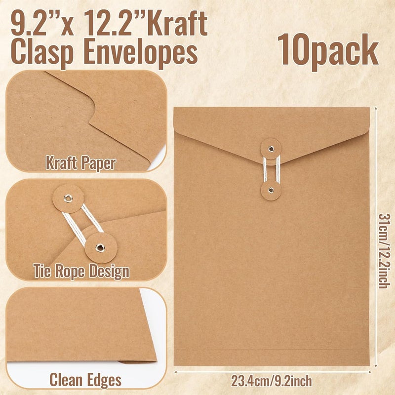 Feifeiya 10 Pack Kraft String Envelope File Folder Brown A4 Letter Size Kraft Paper Folders 9 x 12 Inch Project Pockets File Jacket Document Organizer with String Button Closure(Vertical) - Image 2