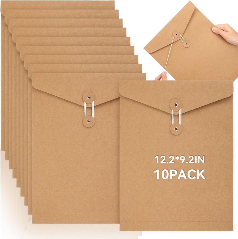 Feifeiya 10 Pack Kraft String Envelope File Folder Brown A4 Letter Size Kraft Paper Folders 9 x 12 Inch Project Pockets File Jacket Document Organizer with String Button Closure(Vertical) - Image 1