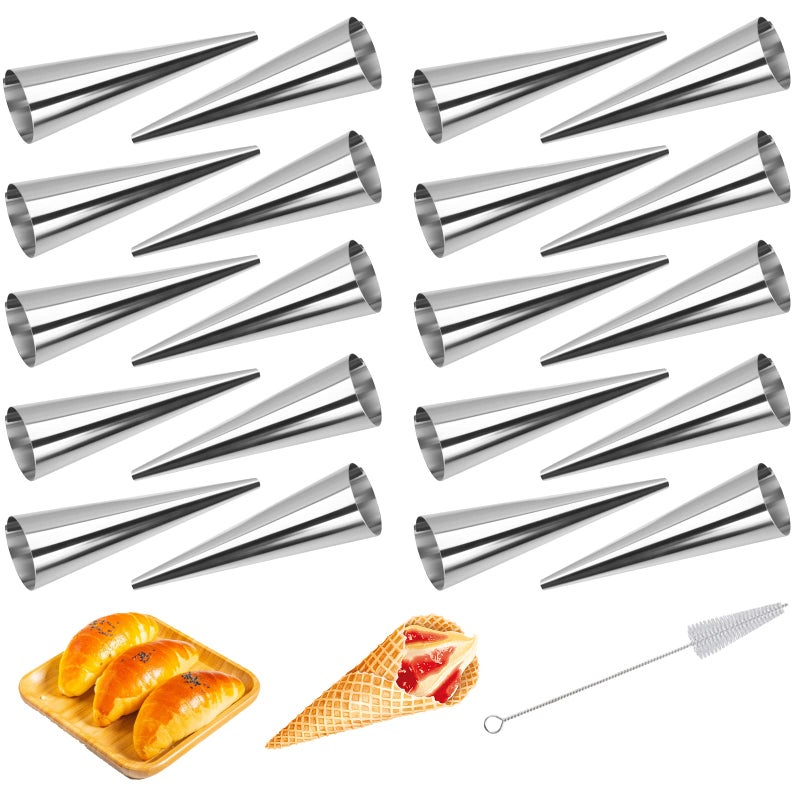 Tinfol 20 Pack 47Inch Cream Horn Molds Baking Cones Cream Horn Forms Stainless Steel Cannoli Tubes Ice Cream Mold Standing Cone Shap