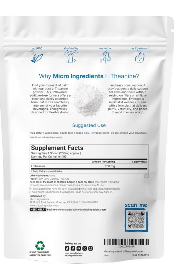 Micro Ingredients Pure L-Theanine Powder, 100 Grams (1 Year Supply), Filler Free, No GMOs and Vegan Friendly - Image 2