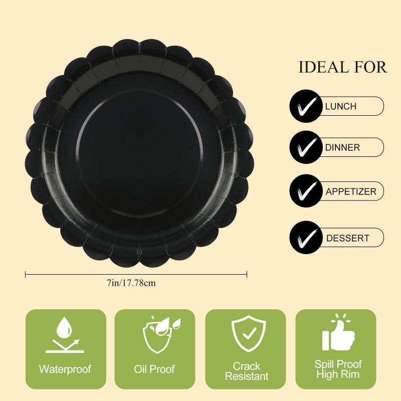 BOKFJBP 50Pcs Black Paper Plates-Disposable 7" Black Scalloped Dessert Plates Birthday Dinnerware Set Party Supplies for Birthday Wedding Baby Shower Holiday Picnic Celebrations Outdoor Table Decor - Image 2