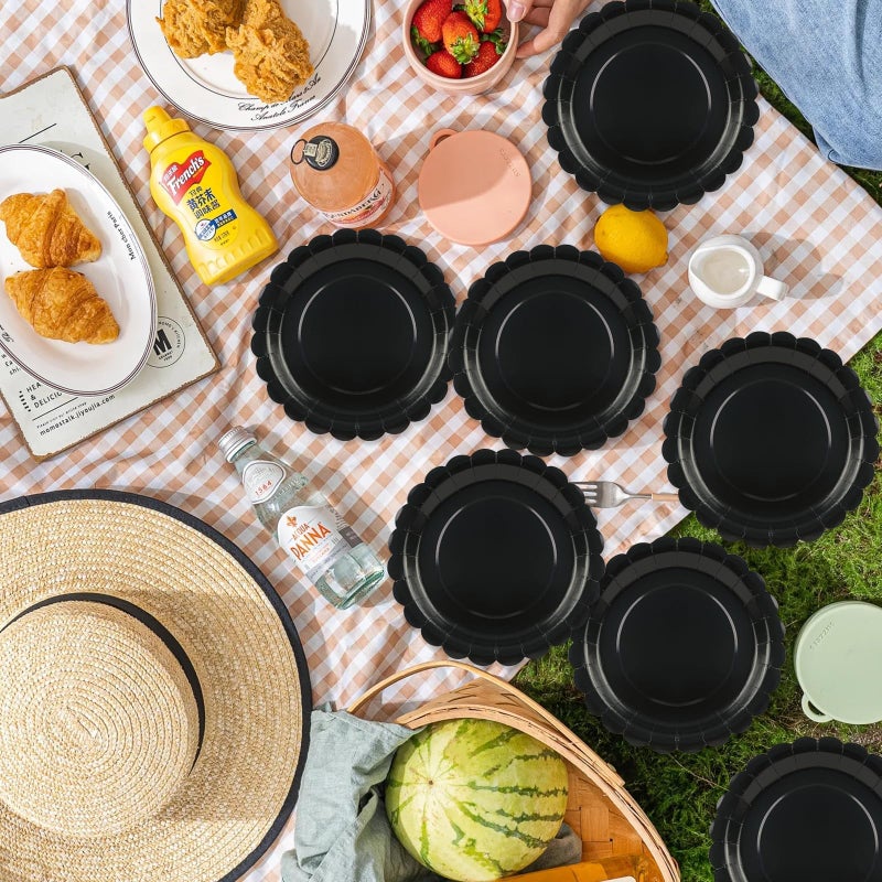 BOKFJBP 50Pcs Black Paper Plates-Disposable 7" Black Scalloped Dessert Plates Birthday Dinnerware Set Party Supplies for Birthday Wedding Baby Shower Holiday Picnic Celebrations Outdoor Table Decor - Image 5