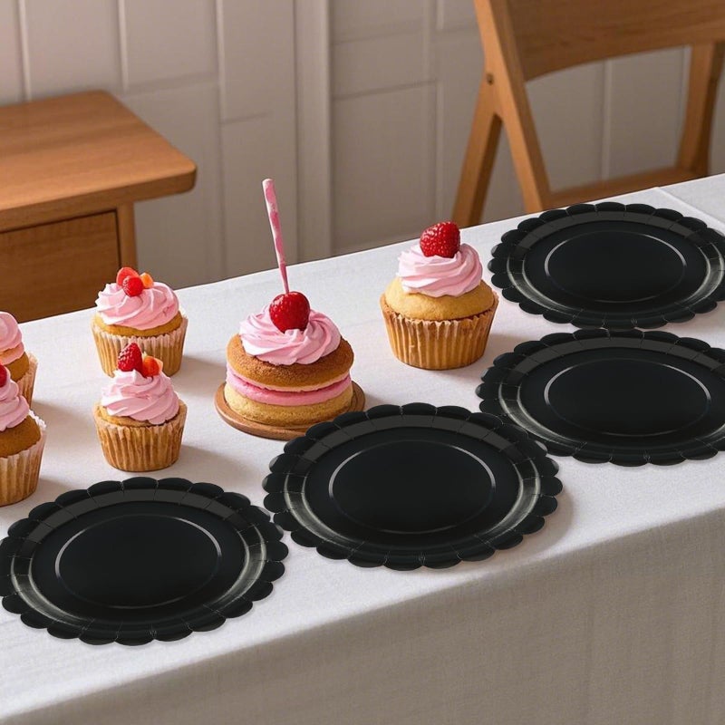 BOKFJBP 50Pcs Black Paper Plates-Disposable 7" Black Scalloped Dessert Plates Birthday Dinnerware Set Party Supplies for Birthday Wedding Baby Shower Holiday Picnic Celebrations Outdoor Table Decor - Image 4