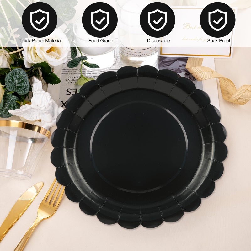 BOKFJBP 50Pcs Black Paper Plates-Disposable 7" Black Scalloped Dessert Plates Birthday Dinnerware Set Party Supplies for Birthday Wedding Baby Shower Holiday Picnic Celebrations Outdoor Table Decor - Image 3