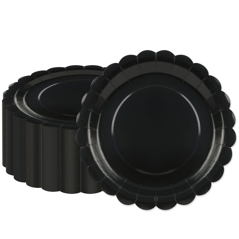 BOKFJBP 50Pcs Black Paper Plates-Disposable 7" Black Scalloped Dessert Plates Birthday Dinnerware Set Party Supplies for Birthday Wedding Baby Shower Holiday Picnic Celebrations Outdoor Table Decor - Image 1