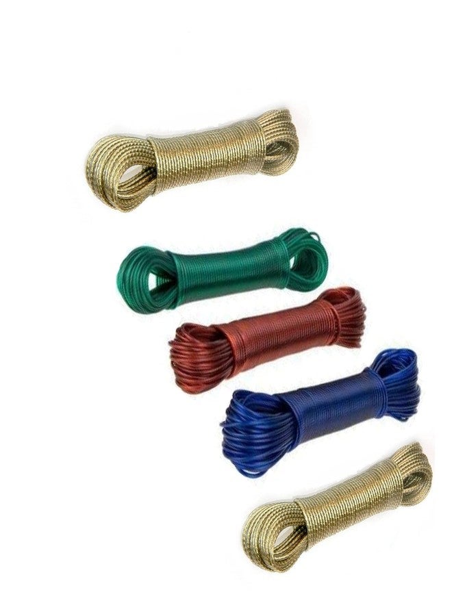 DROPWARE 10 Meter PVC Coated Steel Anti-Rust Wire Rope for Drying Clothes/Clothesline with 2 Plastic Hooks (Multicolor) – Pack of 5 - Image 1