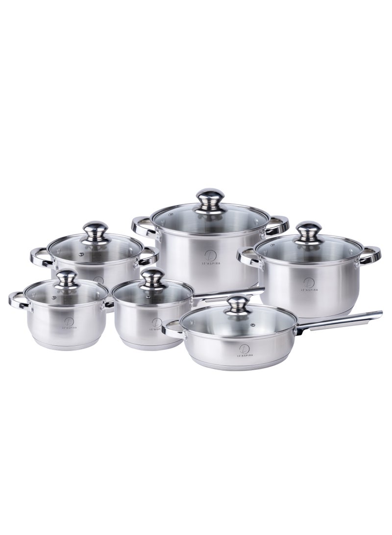 LE’ ASPIRA طقم أواني طهي من الفولاذ المقاوم للصدأ مكون من 12 قطعة، مقلاة، مقلاة، طقم طهي عالي التحمل بمقبض من الفولاذ المقاوم للصدأ - Image 1