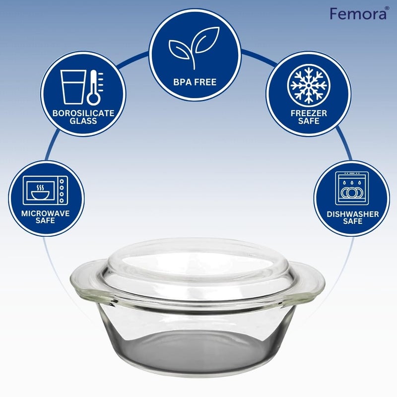 Femora Borosilicate Serving Bowl 1 Year Warranty Glass Casserole Set Glass Bowl with Lid Microwave Safe Bowl Set Dishwasher and Freezer Safe Deep Round Pack of 12000ML - Image 3