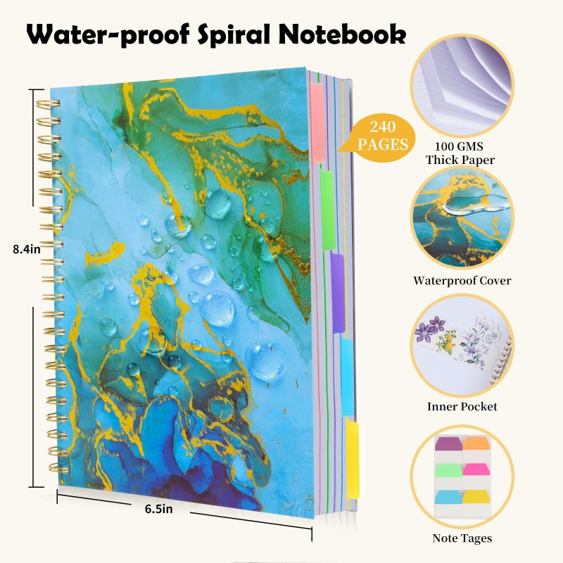 Kutoda 5 Subject Notebook College Ruled, A5 Spiral Notebook with Removable Pocket Dividers Tabs, Lined Organizer Notebook Journal for Women, 240 Pages Notebooks for Work School Note Taking, Blue Marble - Image 2