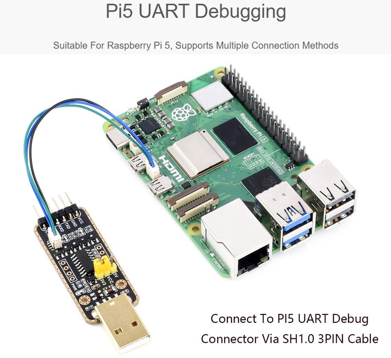 Wonrabai USB to UART Debugger Module for Raspberry Pi 5, Type-A Port, Onboard UART Connector, Supports Multiple Connection Methods/Multi-System Linux, Android, Windows 7/8/8.1/10/11,etc. - Image 4