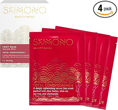 Skimono قناع القدم المكثف الجوارب المرطبة هدية تدليل مغذية زبدة الشيا البابونج زيت الزيتون وزيت شجرة الشاي للعناية بالبشرة لنعومة الكعبين 30 دقيقة سبا تجميل منزلي بواسطه SKIMONO 4 أزواج - Image 1