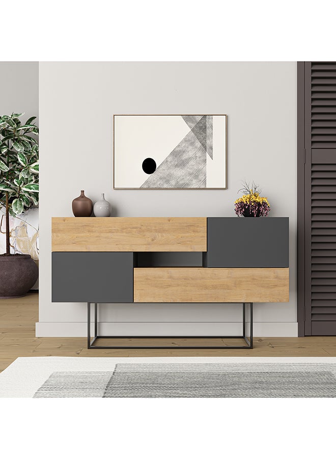 Mourah Home Eros Console  Modern Sideboard With Doors And 1 Drawer  Storage Cabinet With Metal Legs For Living Room Office Dining Room Kitchen Hallway  40X82X145 Cm Oak/Dark Grey - Image 1