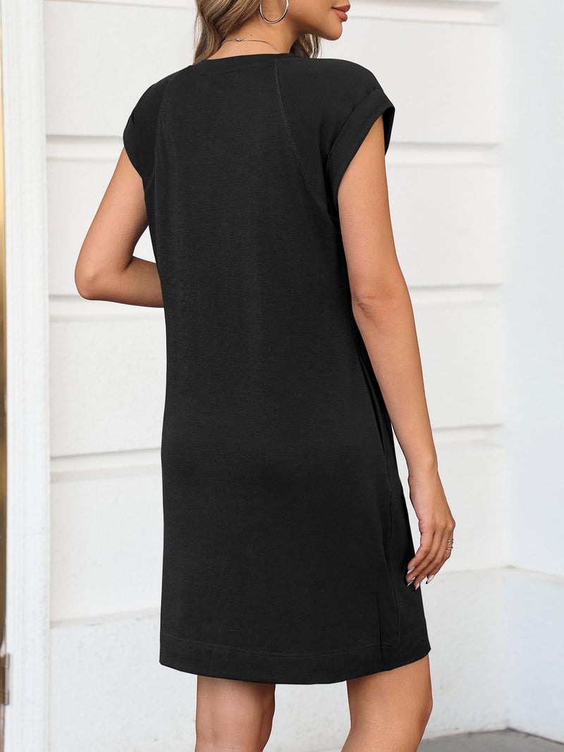 Wenrine Womens Summer T Shirt Dress Casual Cap Sleeve Crewneck Loose Shift Mini Dresses Black - Image 4