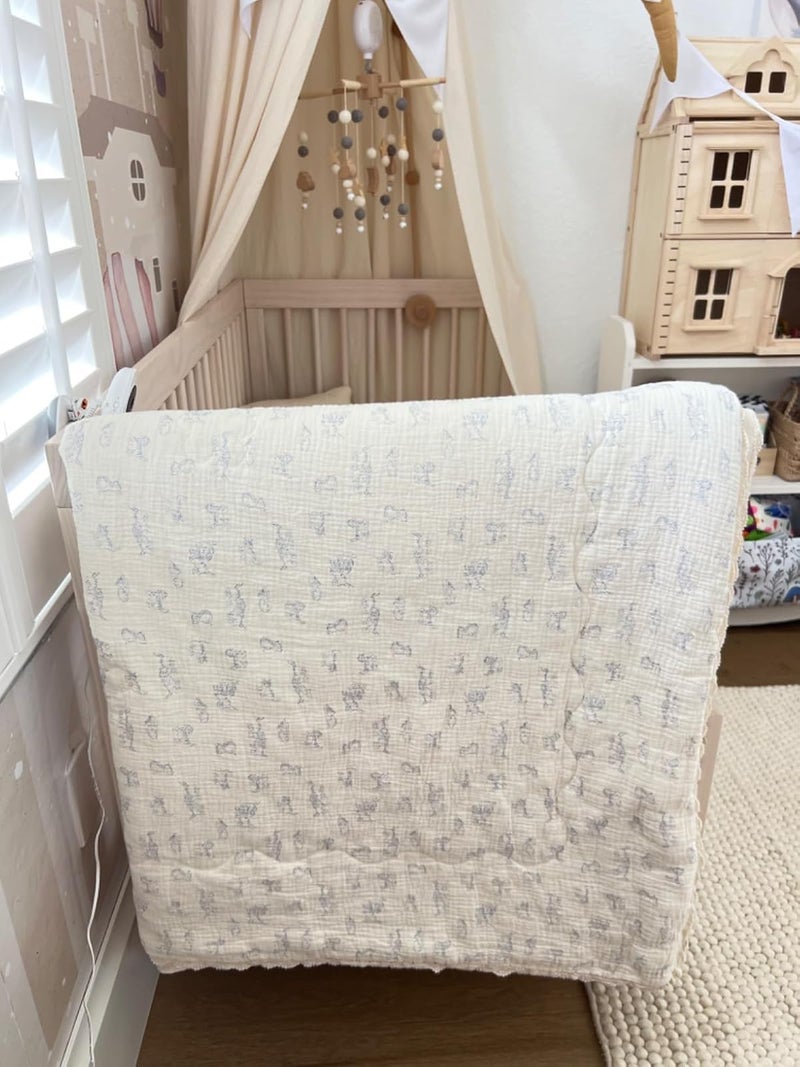 BuLuTu Baby Crib Quilt Cotton Muslin Toddler Blanket for Kids Boys Girls Soft Breathable Toddler Comforter Nursery Quilted Blankets with Lace Edges, 47x59 Inches, Blue Cat Pattern, No Pillow - Image 2