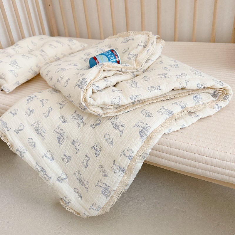 BuLuTu Baby Crib Quilt Cotton Muslin Toddler Blanket for Kids Boys Girls Soft Breathable Toddler Comforter Nursery Quilted Blankets with Lace Edges, 47x59 Inches, Blue Cat Pattern, No Pillow - Image 1