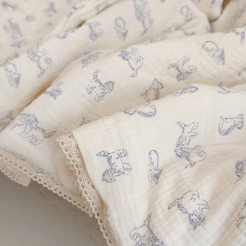 BuLuTu Baby Crib Quilt Cotton Muslin Toddler Blanket for Kids Boys Girls Soft Breathable Toddler Comforter Nursery Quilted Blankets with Lace Edges, 47x59 Inches, Blue Cat Pattern, No Pillow - Image 5