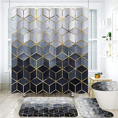 LQCOOL 4Pcs Blue Gradient Shower Curtain Set Modern Geometric Shower Curtain Set Golden Cubic Lines Bathroom Set Blue - Image 1