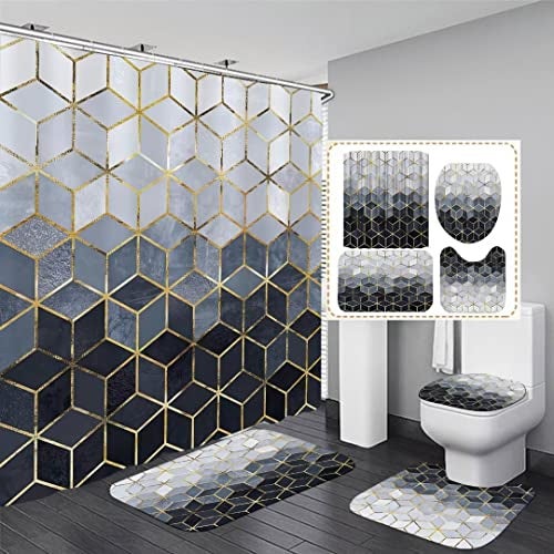 LQCOOL 4Pcs Blue Gradient Shower Curtain Set Modern Geometric Shower Curtain Set Golden Cubic Lines Bathroom Set Blue - Image 3