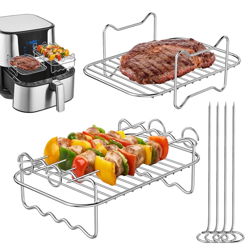 Ainiv 2 PCS Air Fryer Racks Compatible with Ninja Dual AF300UK AF400UK Layered Dehydrator Rack Skewer Rack with 4 Skewers 304 Stainless Steel Dual Air Fryer Accessories for Grill Oven Air Fryer