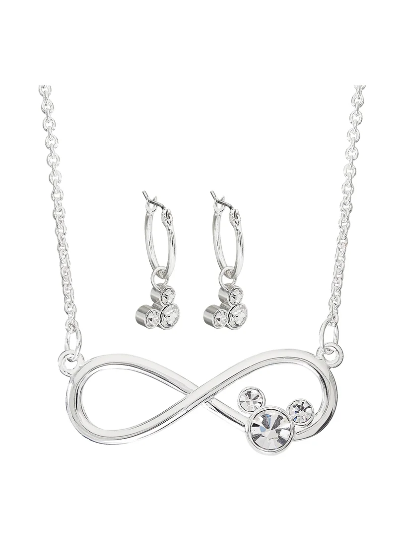Disney Minnie Mouse Silver Plated Brass Infinity Necklace And Hoop Clear Crystal Earring Set SF00112SRWL