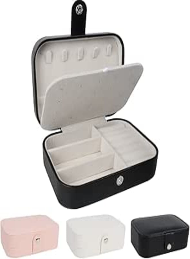 FOME Jewelry Box Organizer, Double Layer PU Leather Small Jewelry Travel Case PU Leather Jewelry Storage Case for Rings Earrings Necklace Bracelets Jewelry Gift for Girls Women (Black)