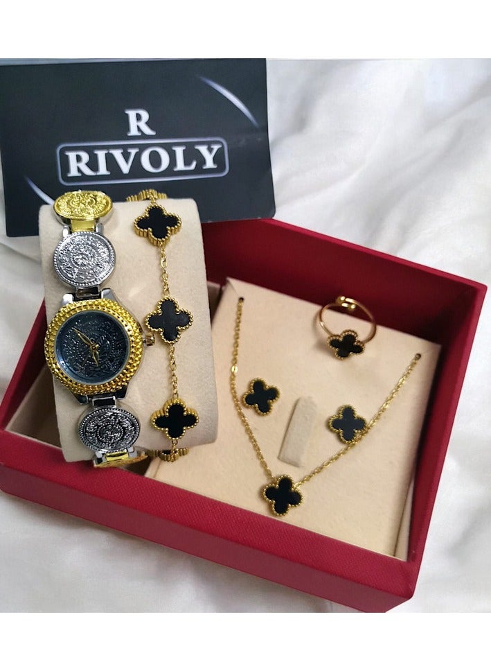Rivoly Elegant women's stainless-steel set consisting of a waterproof watch with a set of bracelets, rings, necklaces, and earrings - Image 2