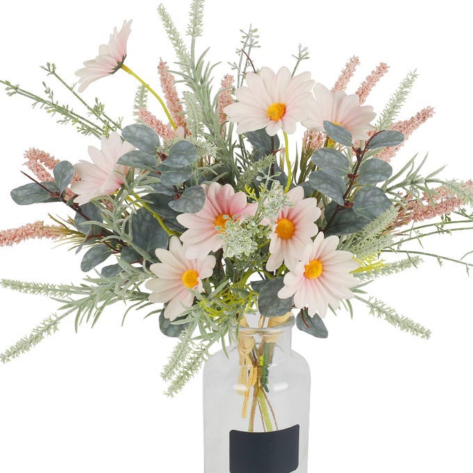 2 BUNDLES ARTIFICIAL DAISY FLOWERS FAKE FLOWERS BOUQUET FAUX SILK FLOWER WITH EUCALYPTUS STEM FOR HOME TABLE CENTERPIECES PARTY INDOOR DECOR PINK