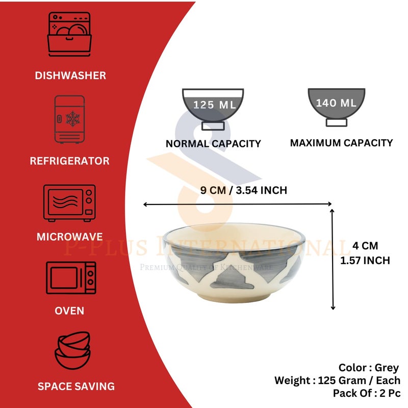 P-PLUS INTERNATIONAL Ceramic Dessert Bowls | Cereal Bowl | Soup | Rice | Snack | Salad Bowls | 125 ML 9 CM | Hand Painted Serving Bowl Gift Set | Dishwasher & Microwave Safe (Grey, Set of 2) - Image 2