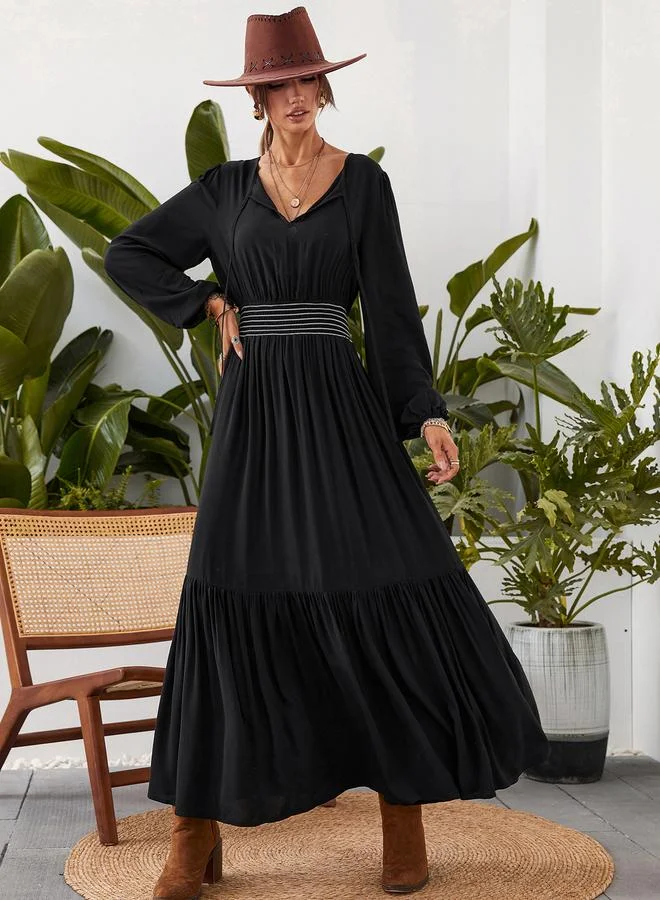 Black A-Line Ankle-Length Dress with Long Sleeves