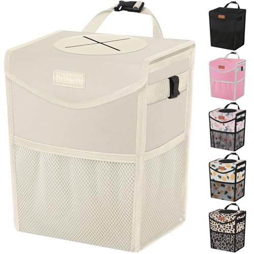 Pritent Car Trash Can with Lid Cute Leakproof Car Trash Garbage Bag Hanging Vehicle Trash Bin Small Portable Automotive Garbage Cans Organizer for BackFront SeatTrapezoidIvory - Image 1