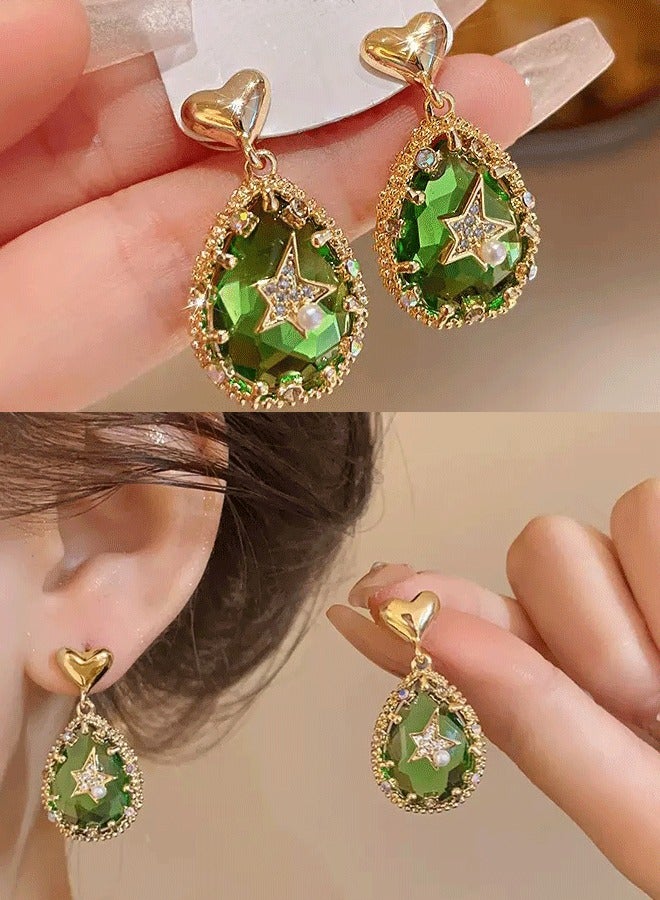 Gold - Tone Heart - Topped Teardrop Earrings: Green Gem - Like Stone with Star & Pearl Accents - Image 1