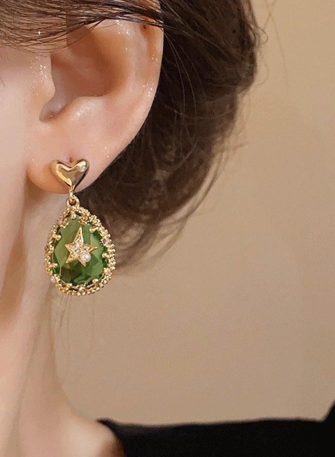 Gold - Tone Heart - Topped Teardrop Earrings: Green Gem - Like Stone with Star & Pearl Accents - Image 4