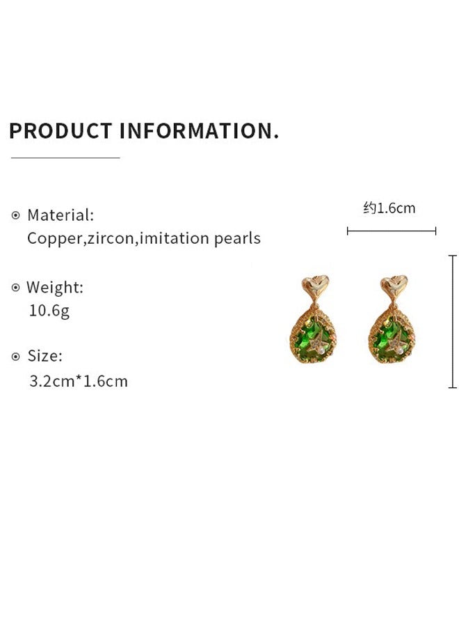 Gold - Tone Heart - Topped Teardrop Earrings: Green Gem - Like Stone with Star & Pearl Accents - Image 5