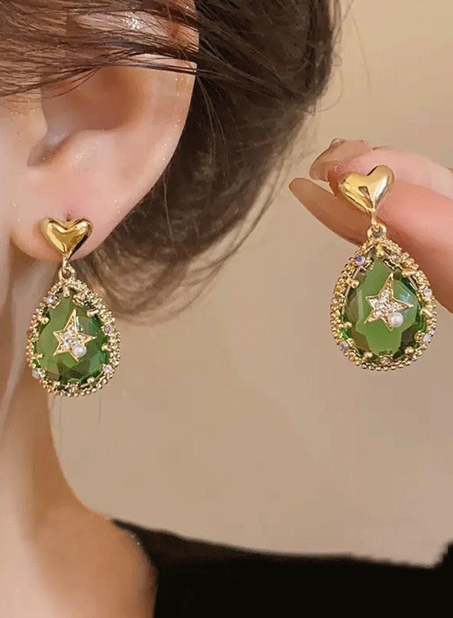 Gold - Tone Heart - Topped Teardrop Earrings: Green Gem - Like Stone with Star & Pearl Accents - Image 2