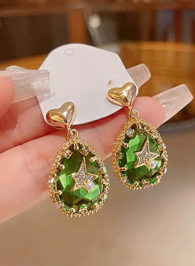 Gold - Tone Heart - Topped Teardrop Earrings: Green Gem - Like Stone with Star & Pearl Accents - Image 3