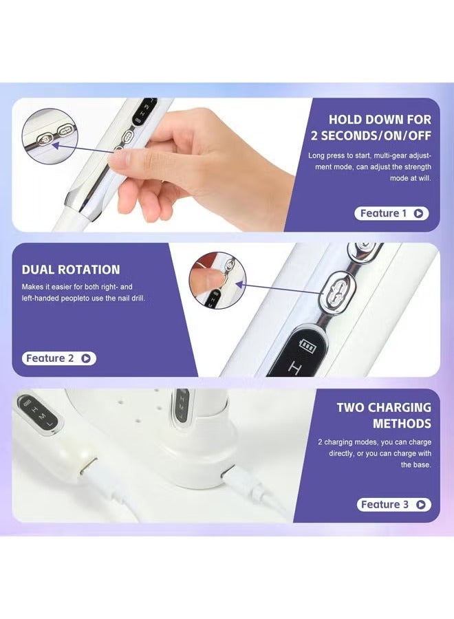 Arabest Electric Nail Drill, Cordless Nail Drill, Electric Nail File, Rechargeable Portable Nail Drill, Nail Drill Professional Set for Manicure Pedicure and Polishing with 12 Nail Drill Bits and 6 Sanding Bands (White) - Image 4
