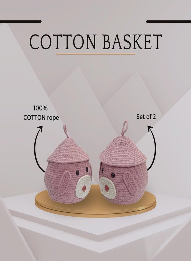 FIBREGOLD FIBERGOLD Colorful Cotton Rope Basket Set of 2 with Lid – Funky Design Woven Storage Baskets for Toys, Clothes, and Household Items, Bedroom, Study table (Pink) - Image 2