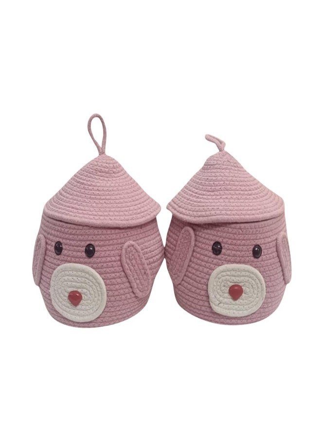 FIBREGOLD FIBERGOLD Colorful Cotton Rope Basket Set of 2 with Lid – Funky Design Woven Storage Baskets for Toys, Clothes, and Household Items, Bedroom, Study table (Pink) - Image 1