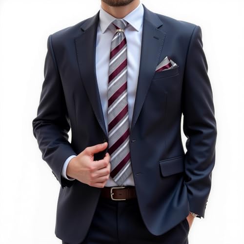 DiBanGu Mens Tie Set Silk Necktie and Gold Tie Ring Pocket Square Cufflinks Formal Business Wedding Ties with Gift Box, Burgundy and Grey - Image 2