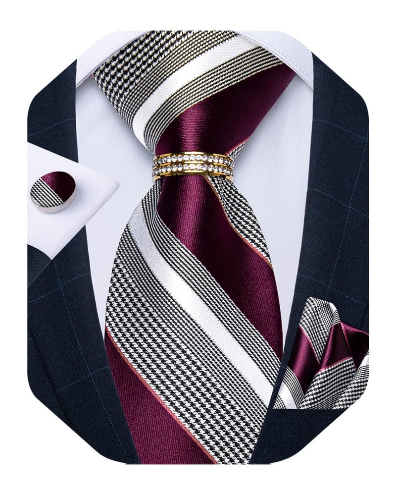DiBanGu Mens Tie Set Silk Necktie and Gold Tie Ring Pocket Square Cufflinks Formal Business Wedding Ties with Gift Box, Burgundy and Grey - Image 1